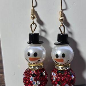 Sparkling Snowman‎ Earrings with Red and Gold Details